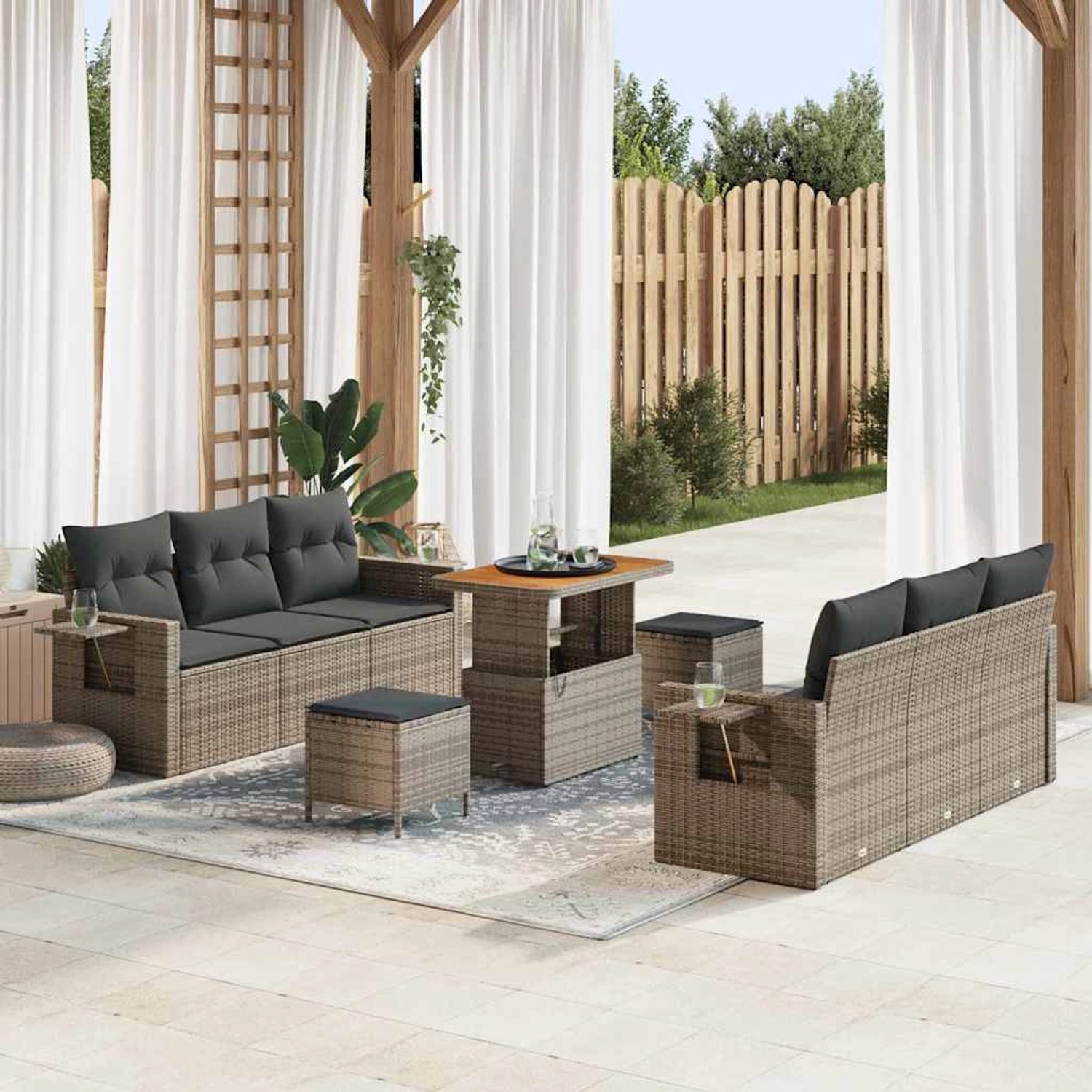 Graues 9-teiliges Garten-Sofa-Set aus Poly-Rattan von vidaXL für Garten, Terrasse oder Balkon.