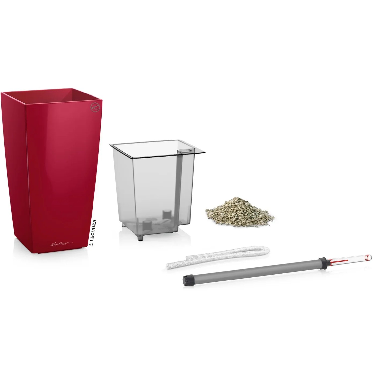 Lechuza Maxi-Cubi, scharlachroter Übertopf mit Bewässerungssystem und Zubehör.