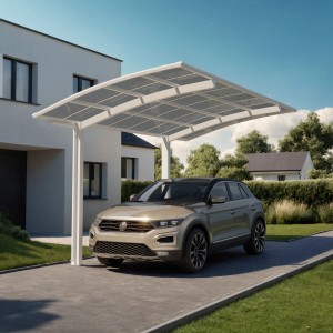 Winterweißer Ximax Carport Portoforte-80 mit Auto. Moderner Metall-Carport mit gebogenem Dach.