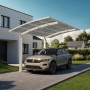 Winterweißer Ximax Carport Portoforte-80 mit Auto. Moderner Metall-Carport mit gebogenem Dach.