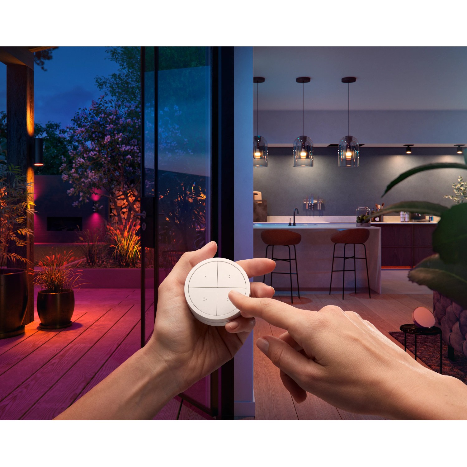Philips Hue Tap Dial Schalter in Weiß, zur Steuerung von Hue Leuchten im Haus und Garten.