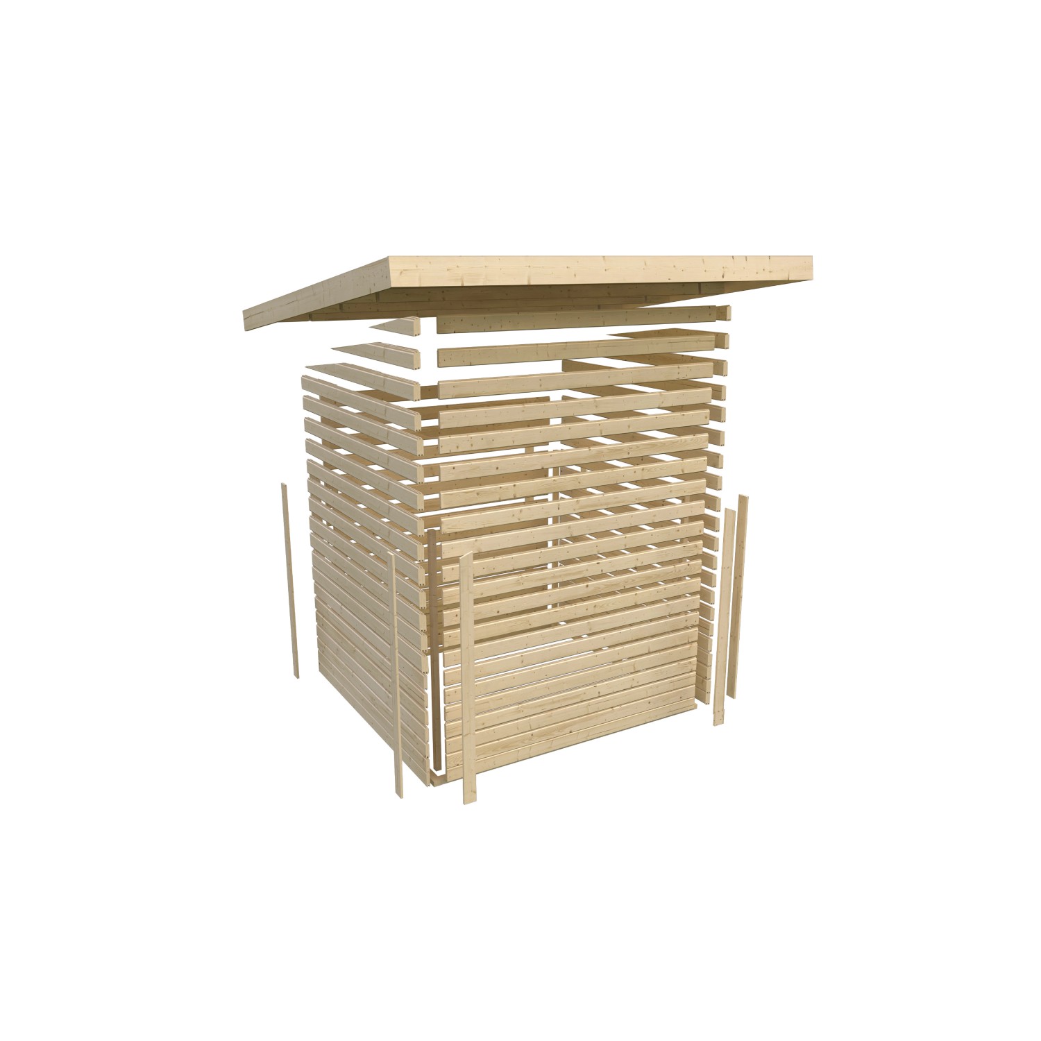 Karibu Saunahaus Arvi 3 Set im Aufbau, Terragrau, mit Holzofen. Saunahaus für den Garten.