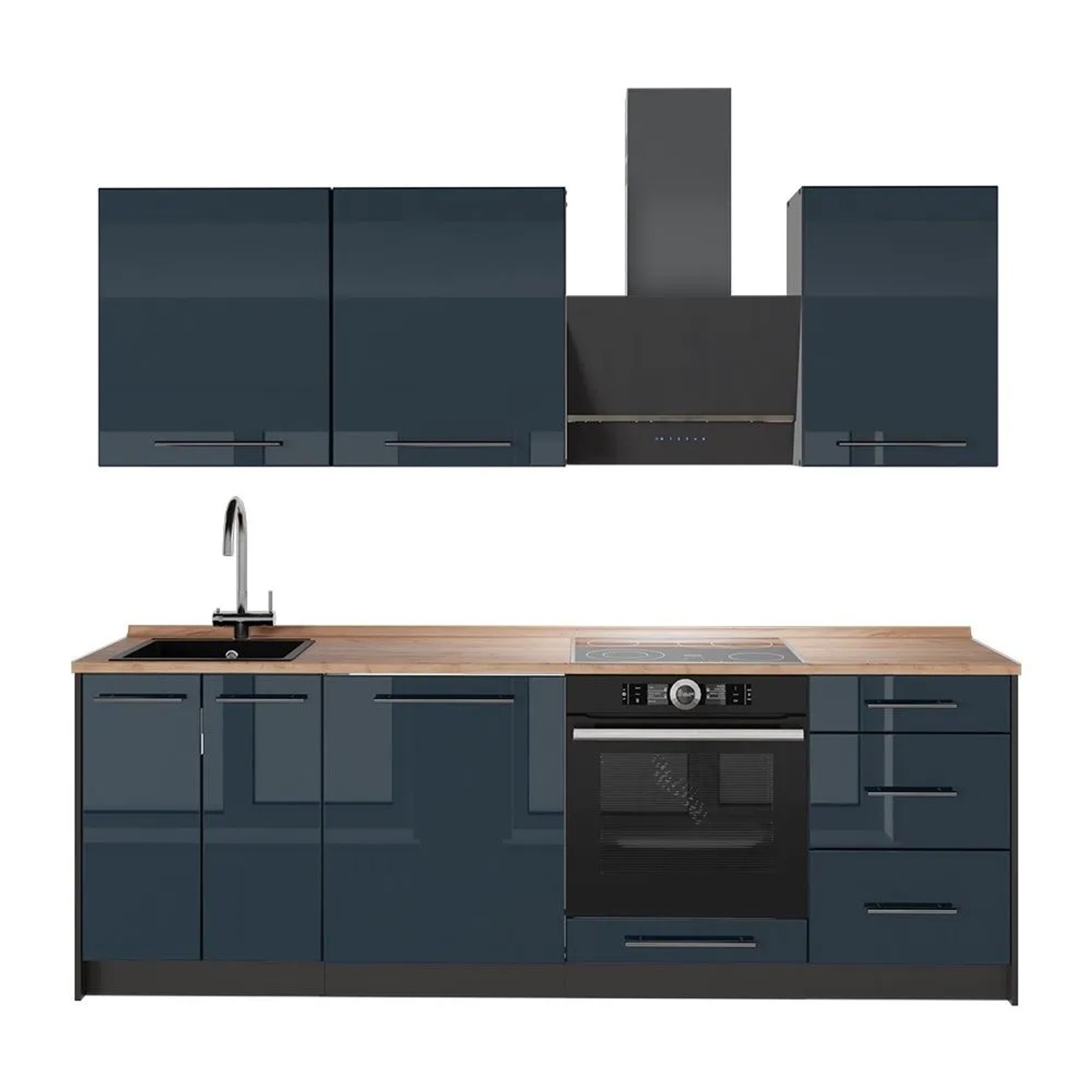 Vicco Küchenzeile Fame-Line Dunkelblau Hochglanz/Anthrazit 230 x 82 AP Eiche Art Nr 63962