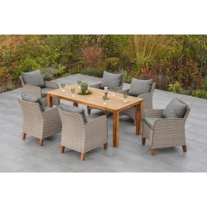 Merxx Gartenmöbel-Set Avellino, 7-teilig: Tisch aus Akazienholz mit 6 Korbsesseln und grauen Kissen.