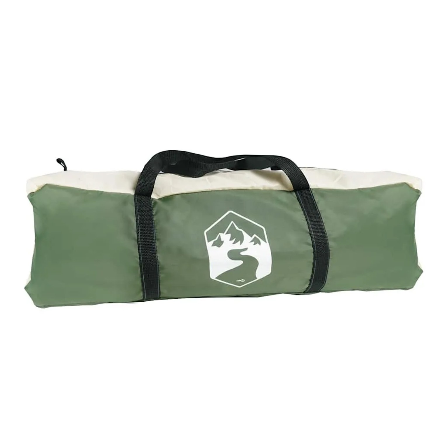 Grünes vidaXL Campingzelt für 4 Personen, zusammengefaltet in Tragetasche mit Tragegriffen und Logo. Ideal für Camping.