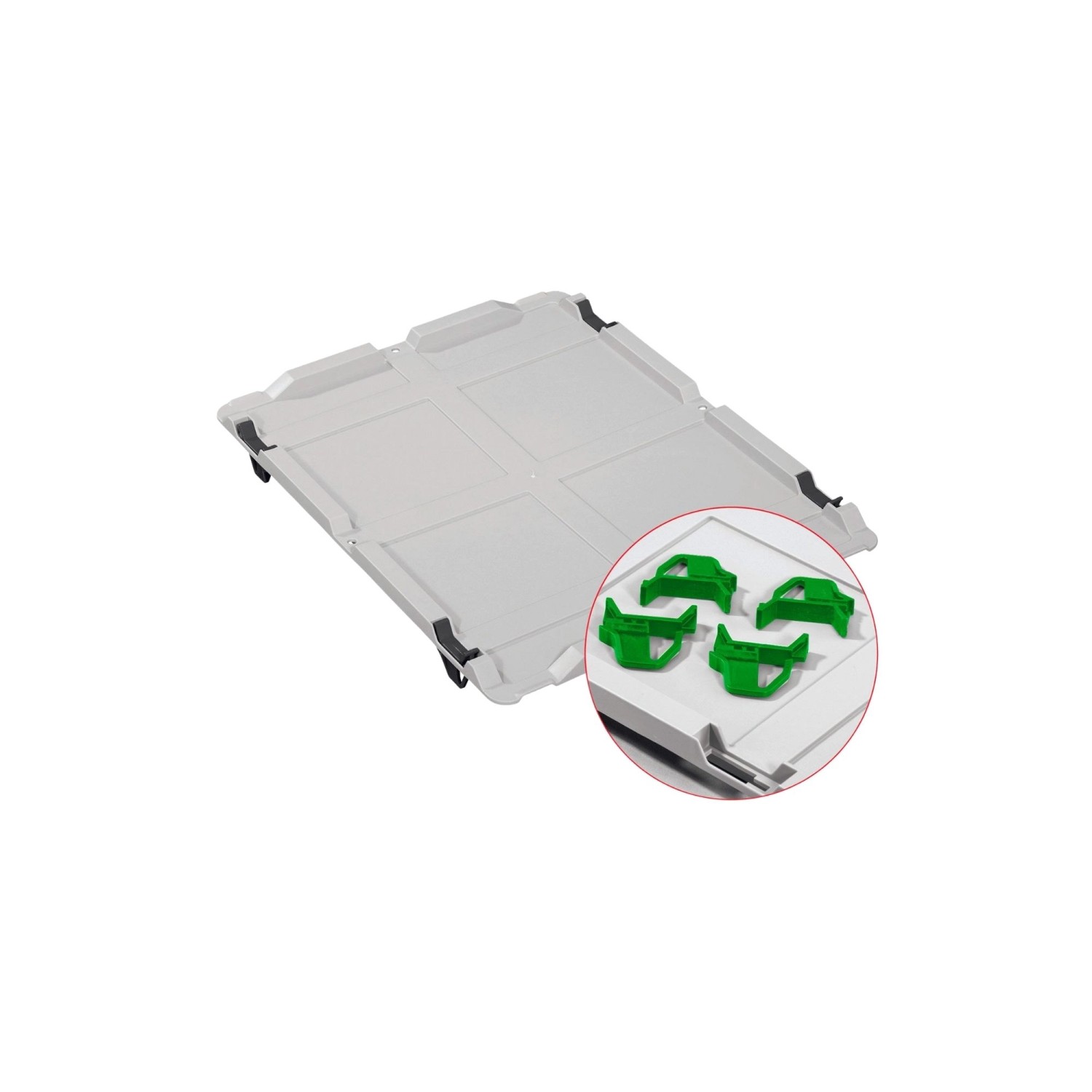 Grauer PROREGAL Auflagedeckel mit 4 grünen Schiebeschnappverschlüssen für Eurobox NextGen Grip.