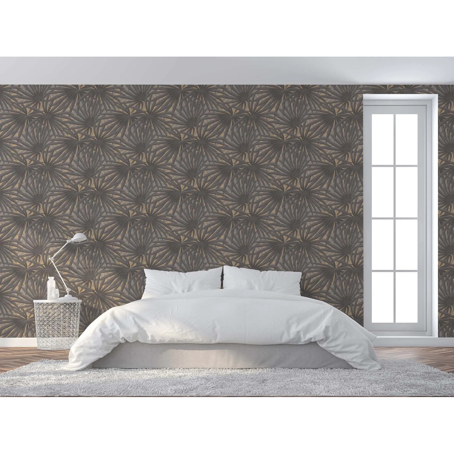 Tadessi Vliestapete Floral M1-No.611 in Grau mit Blättermuster im Schlafzimmer. Dekorative Wandgestaltung.