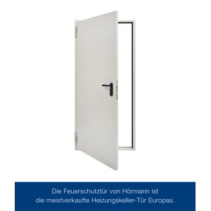 Geöffnete, grauweiße Hörmann Feuerschutztür T 30-H8-5 (75x200 cm) mit schwarzem Türgriff.