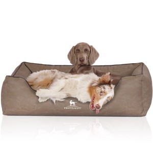 Knuffelwuff Hundebett Rockland XXXL, orthopädisches Kunstlederbett für Hunde in Stone, zwei Hunde liegen entspannt darin.