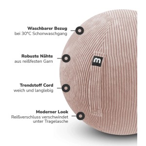 Rosa mokebo Sitzball aus Cord, Detailaufnahme des Bezugs mit Tragegriff. Ergonomischer Sport & Fitness Sitzball.