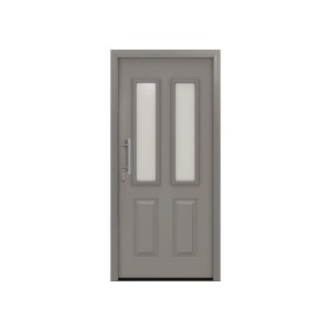 EcoStar Haustür IsoPro IP 410S Graualuminium, Landhausstil. Graue Tür mit zwei satinierten Glasausschnitten, Edelstahlgriff.