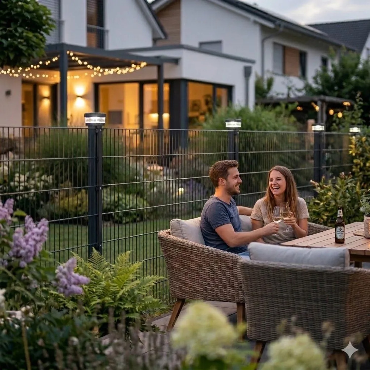 6040 Solar Zaunleuchten LED auf Stabmattenzaun-Pfosten im Garten bei Dämmerung. Schafft stimmungsvolle Beleuchtung.