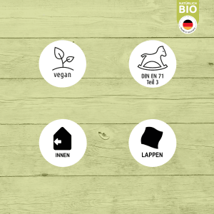 Piktogramme: Bio, Vegan, DIN EN 71, Innen, Lappen für Ultra Nature Pflegeöl.