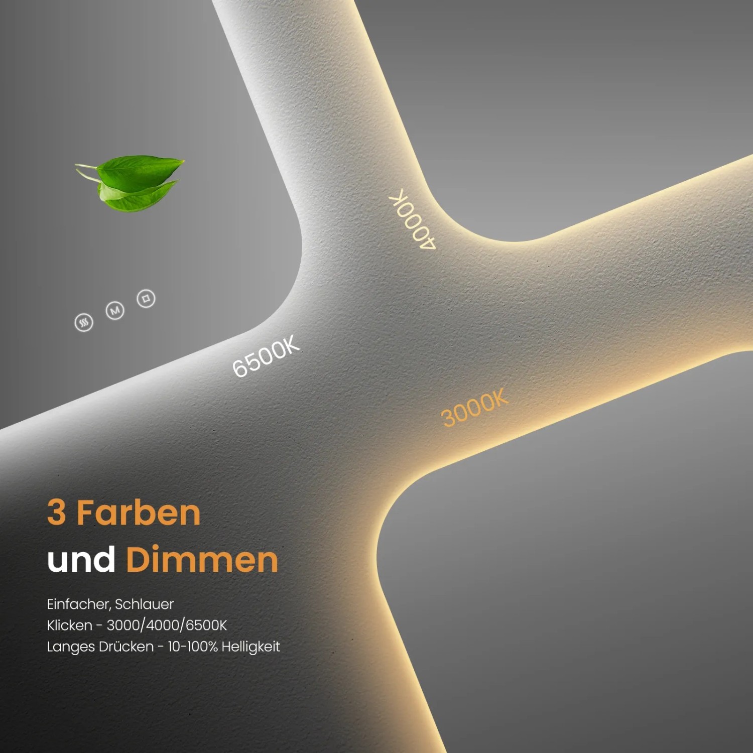 Detailaufnahme: Emke LED-Badspiegel mit einstellbaren Farbtemperaturen (3000K, 4000K, 6500K) und Dimmfunktion.