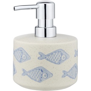 Handbemalter Wenko Seifenspender Aquamarin aus Keramik mit Fischmotiven.