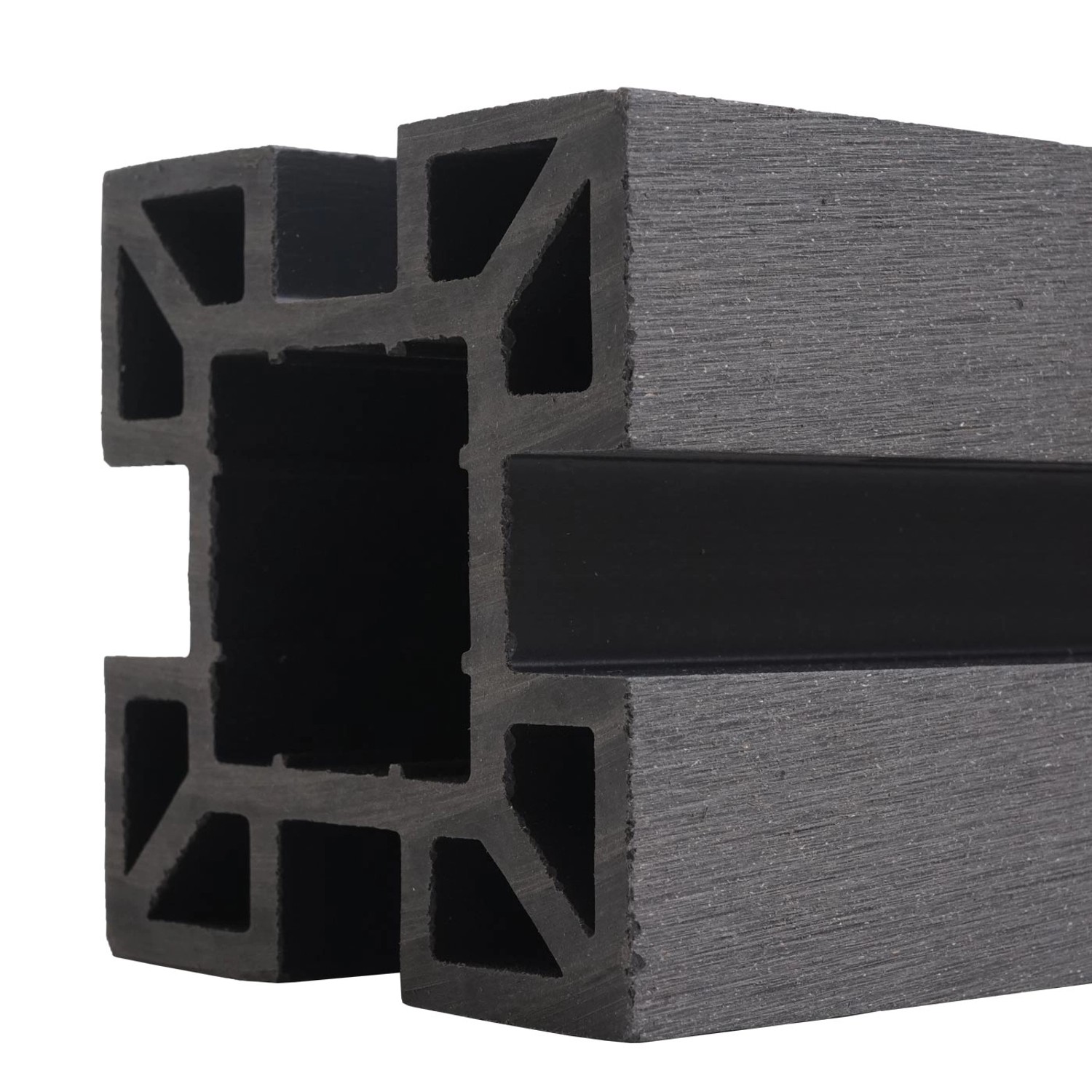 Detailansicht eines grauen WPC-Pfostens für MCW Savoie Sichtschutzzaun zum Einbetonieren.