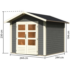 Karibu Holz-Gartenhaus Tessin 1, terragrau, 240x240 cm, mit Boden und Dachschindeln.