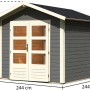 Karibu Holz-Gartenhaus Tessin 1, terragrau, 240x240 cm, mit Boden und Dachschindeln.