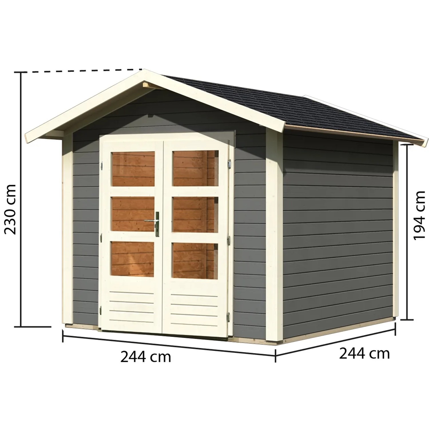 Karibu Holz-Gartenhaus Tessin 1, terragrau, 240x240 cm, mit Boden und Dachschindeln.