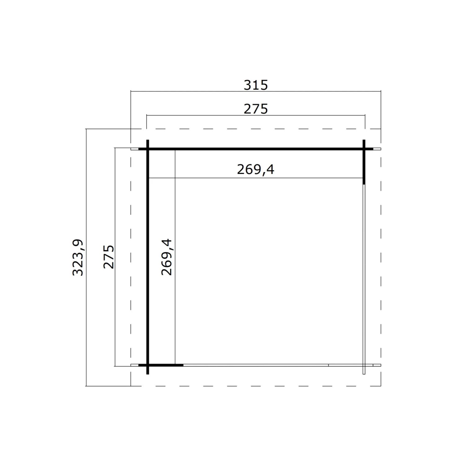Grundriss Lasita Gartenhaus Buffalo 275 Carbongrau, Maße 275x275 cm.