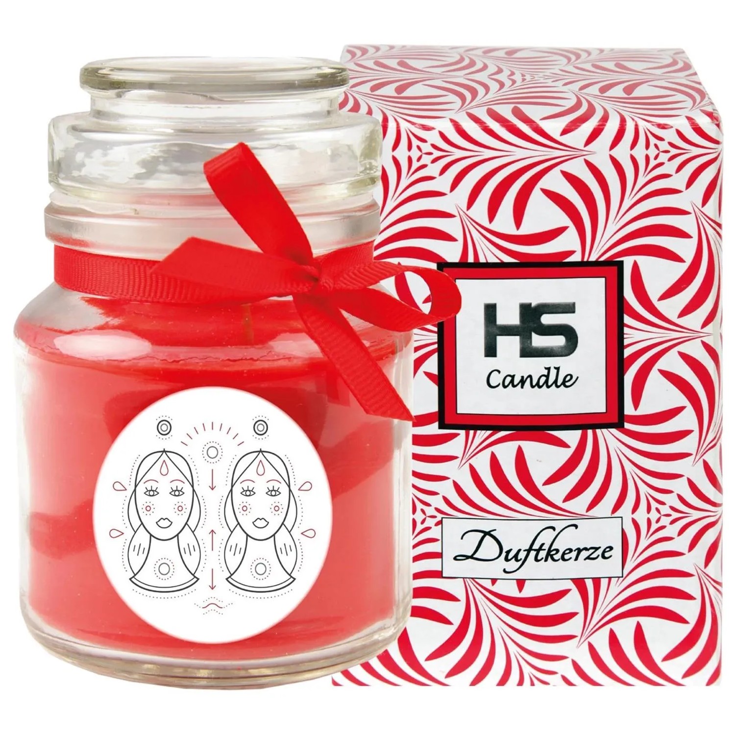 HS Candle Duftkerze Zwillinge im Glas mit roter Schleife und dekorativer Verpackung.