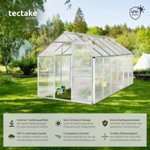 Tectake Gewächshaus mit Aluminiumrahmen und transparenten Hohlkammerstegplatten im Garten.