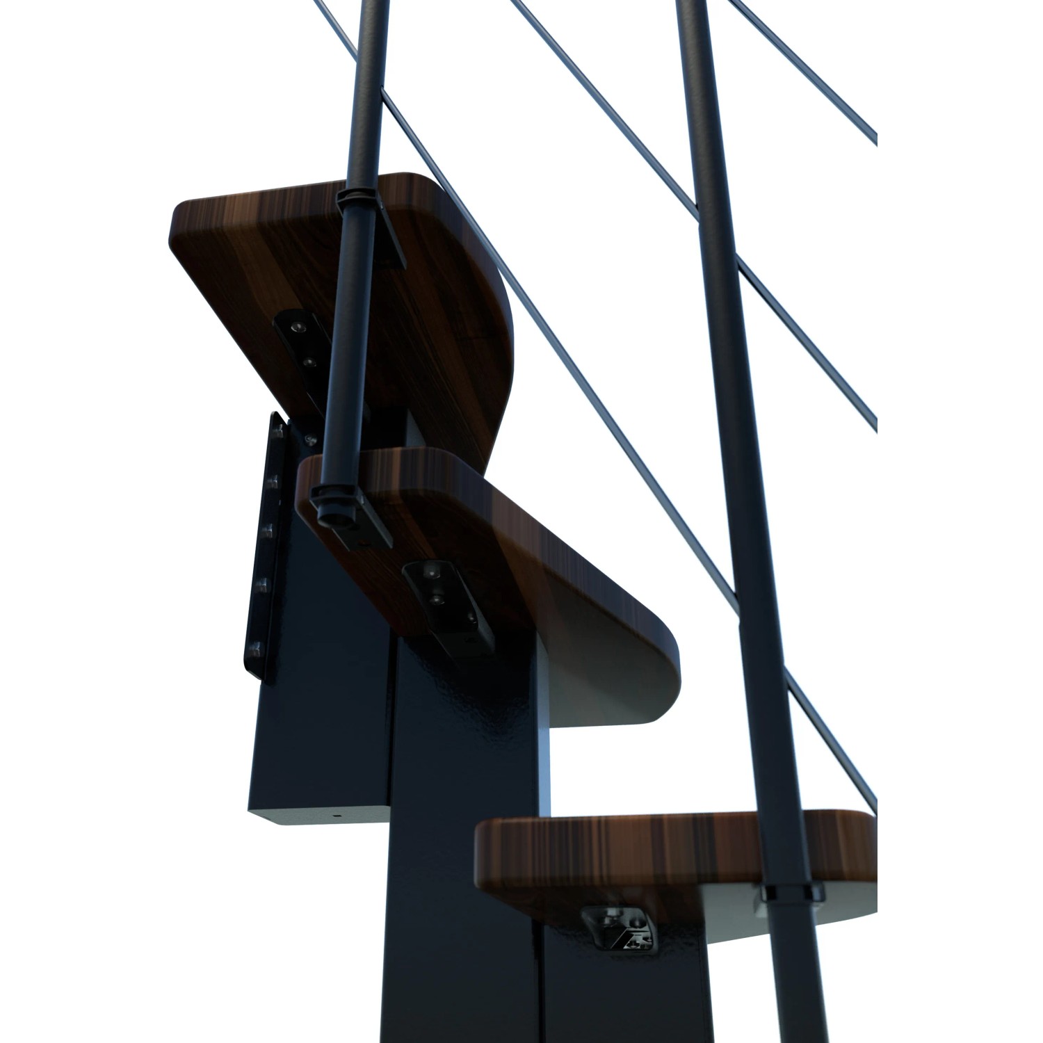 Minka Raumspartreppe Quatro in Walnuss/Schwarz, Detailansicht der Holzstufen und des schwarzen Metallrahmens.