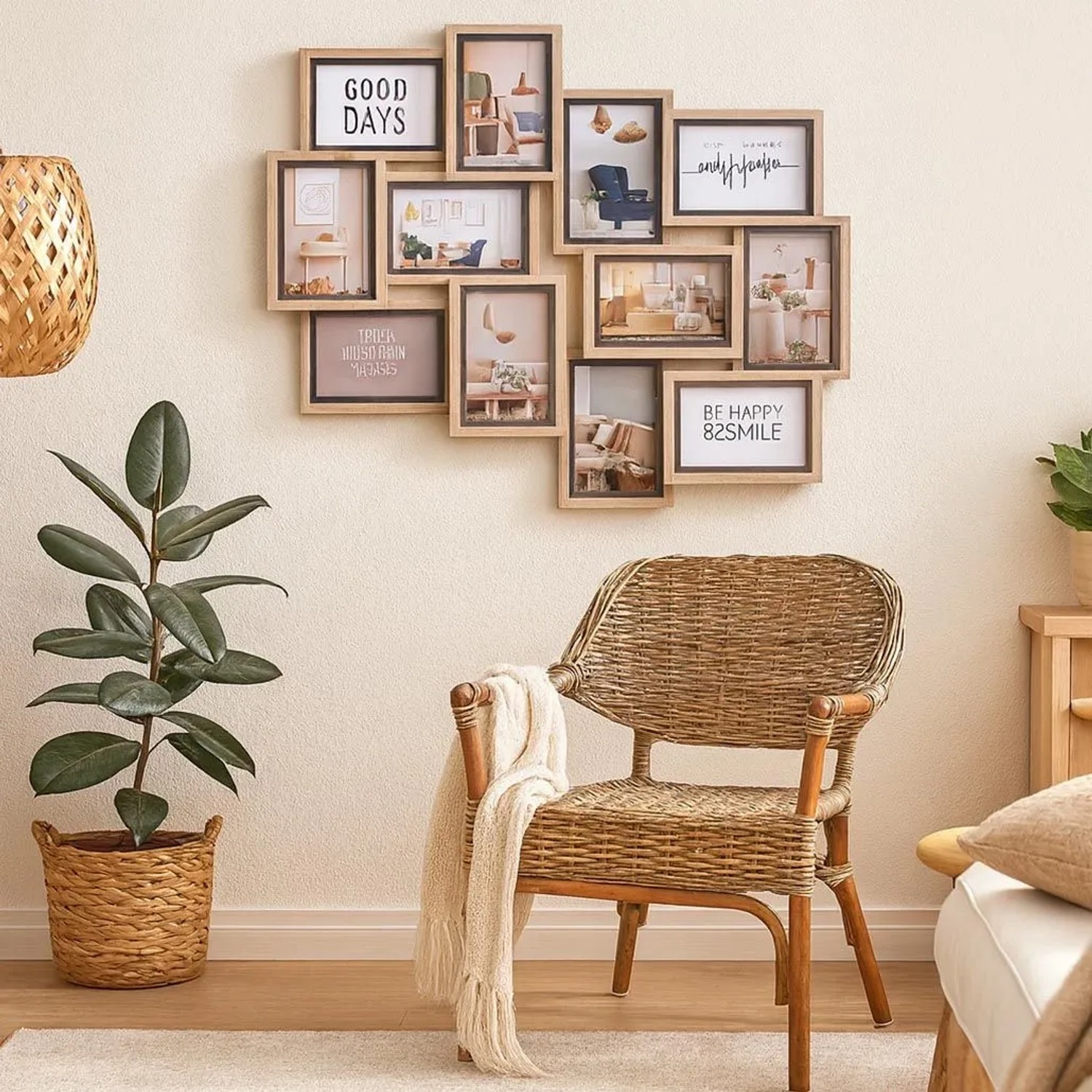 Kobolo Mehrfachbilderrahmen aus Holz, grau-natur, für 12 Fotos als stilvolle Wandcollage. Ideal für Wohnzimmer.