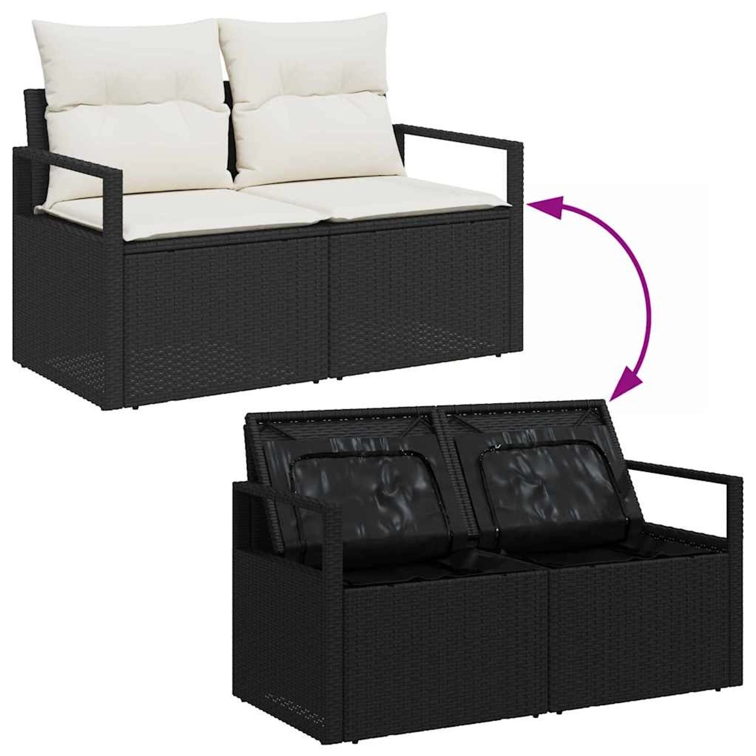 vidaXL Gartenmöbel Set, 9-teilig, schwarzes Poly Rattan mit Kissen und Stauraum.