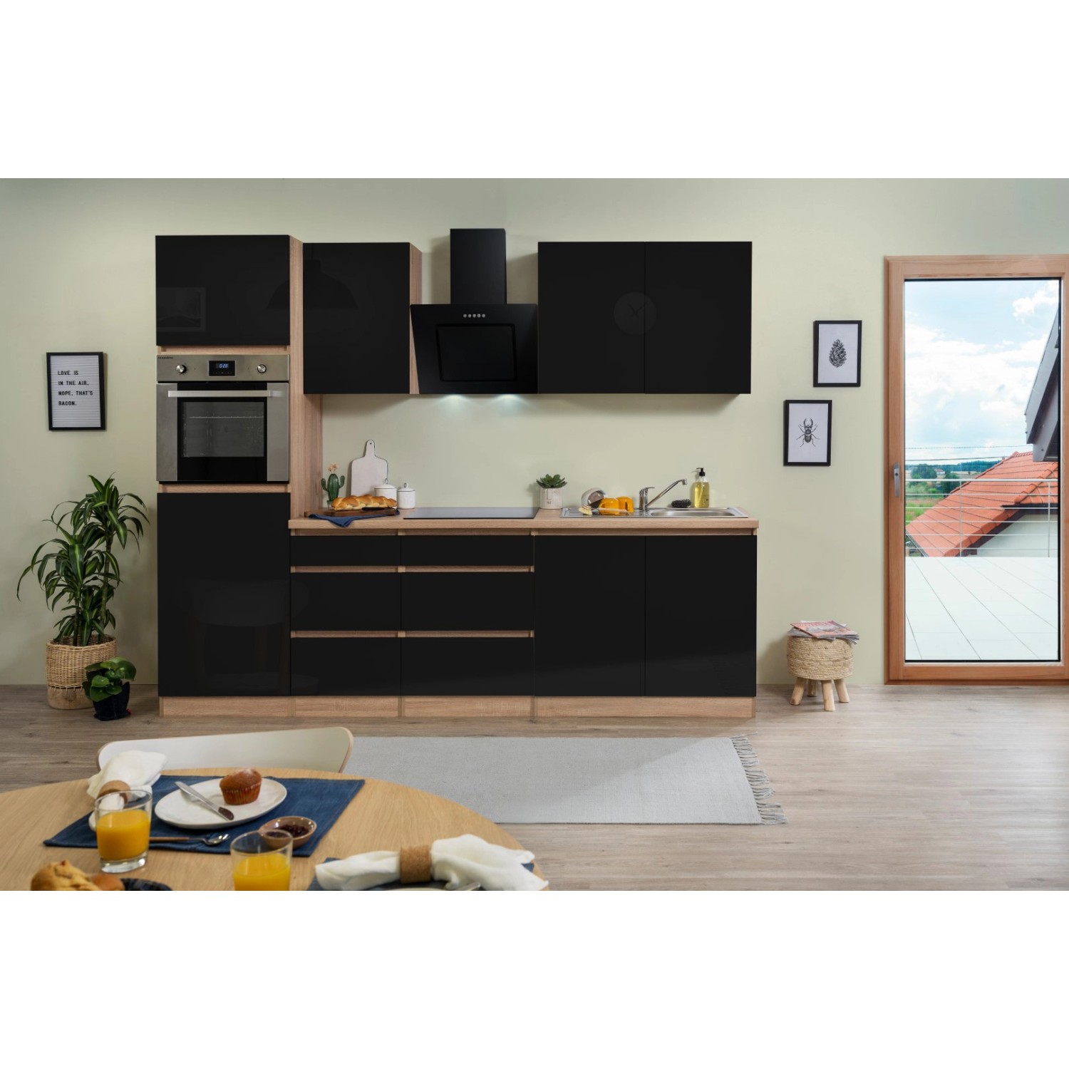 Respekta Küchenzeile/Küchenblock ohne E-Geräte 270 cm Grifflos Schwarz Hochgl.-Eiche Sägerau