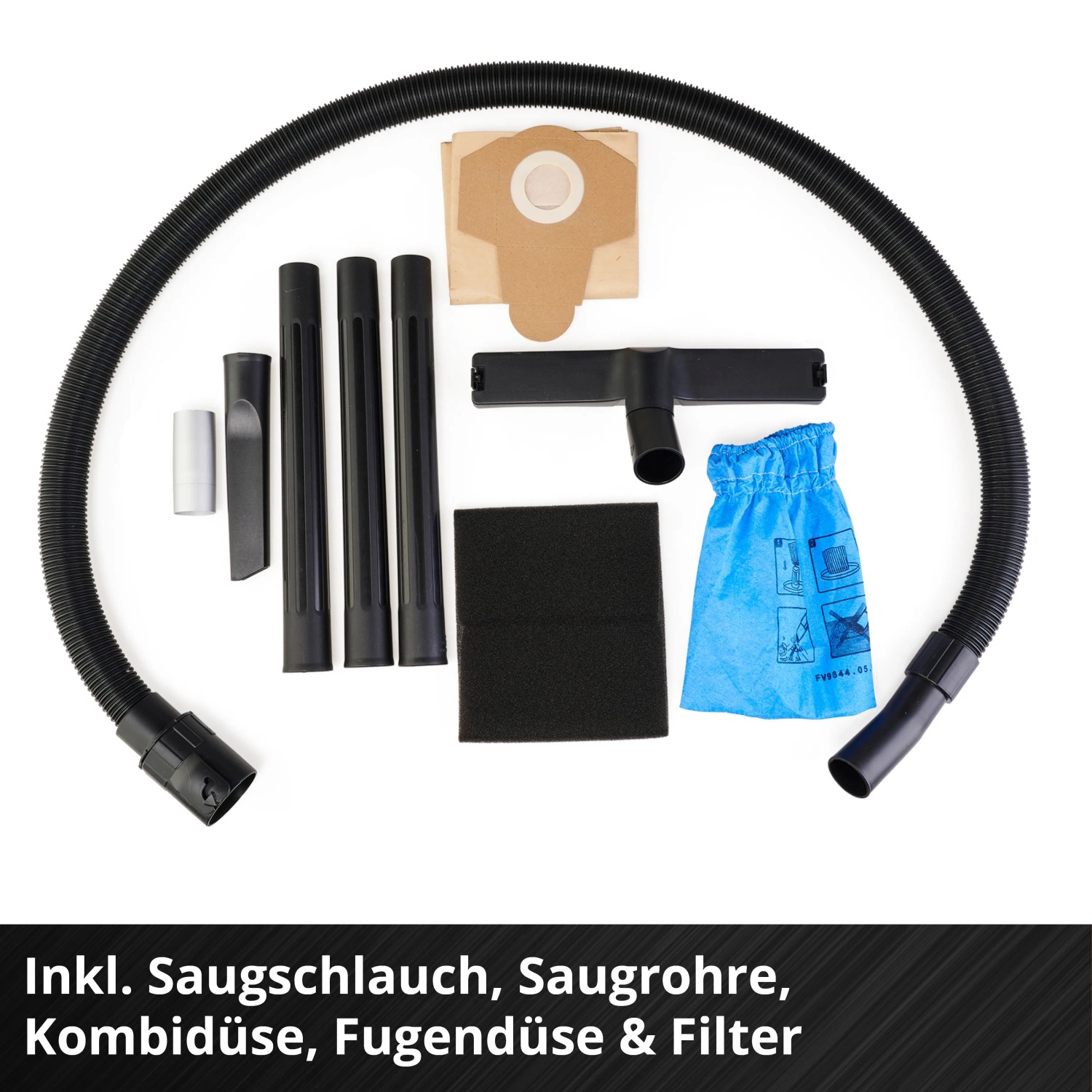 Zubehör für Einhell Akku-Nass-Trockensauger: Schlauch, Düsen, Filter und Saugrohre.