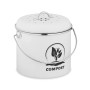 Weißer Metall Komposteimer mit Deckel, Henkel und 'COMPOST' Aufschrift für Küchenabfälle.