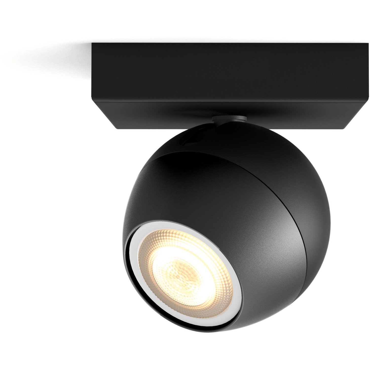 Schwarzer Philips Hue Spot Buckram mit Dimmer, warmweißes Licht.