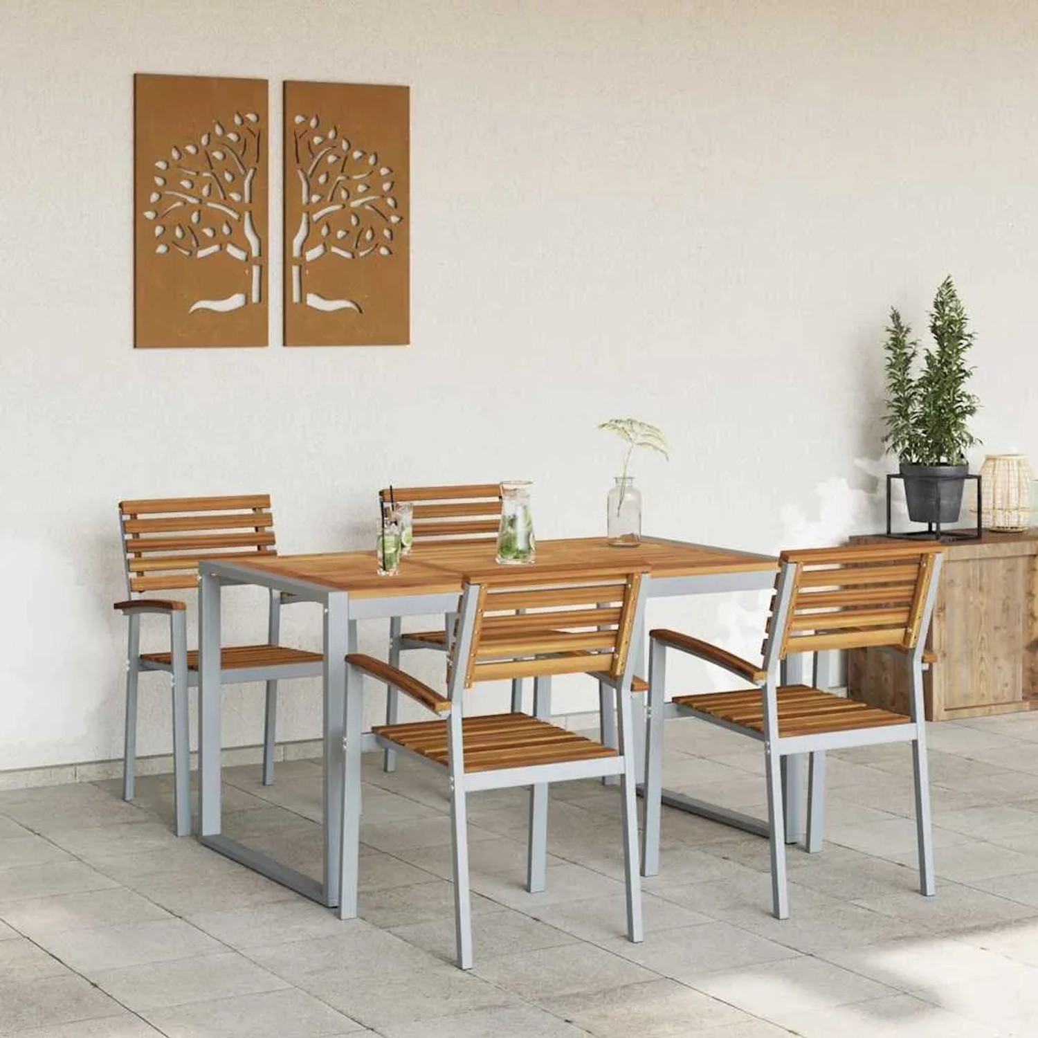 Grau-braune 5-tlg. vidaXL Garten Essgruppe aus Akazie Massivholz für 4 Personen.