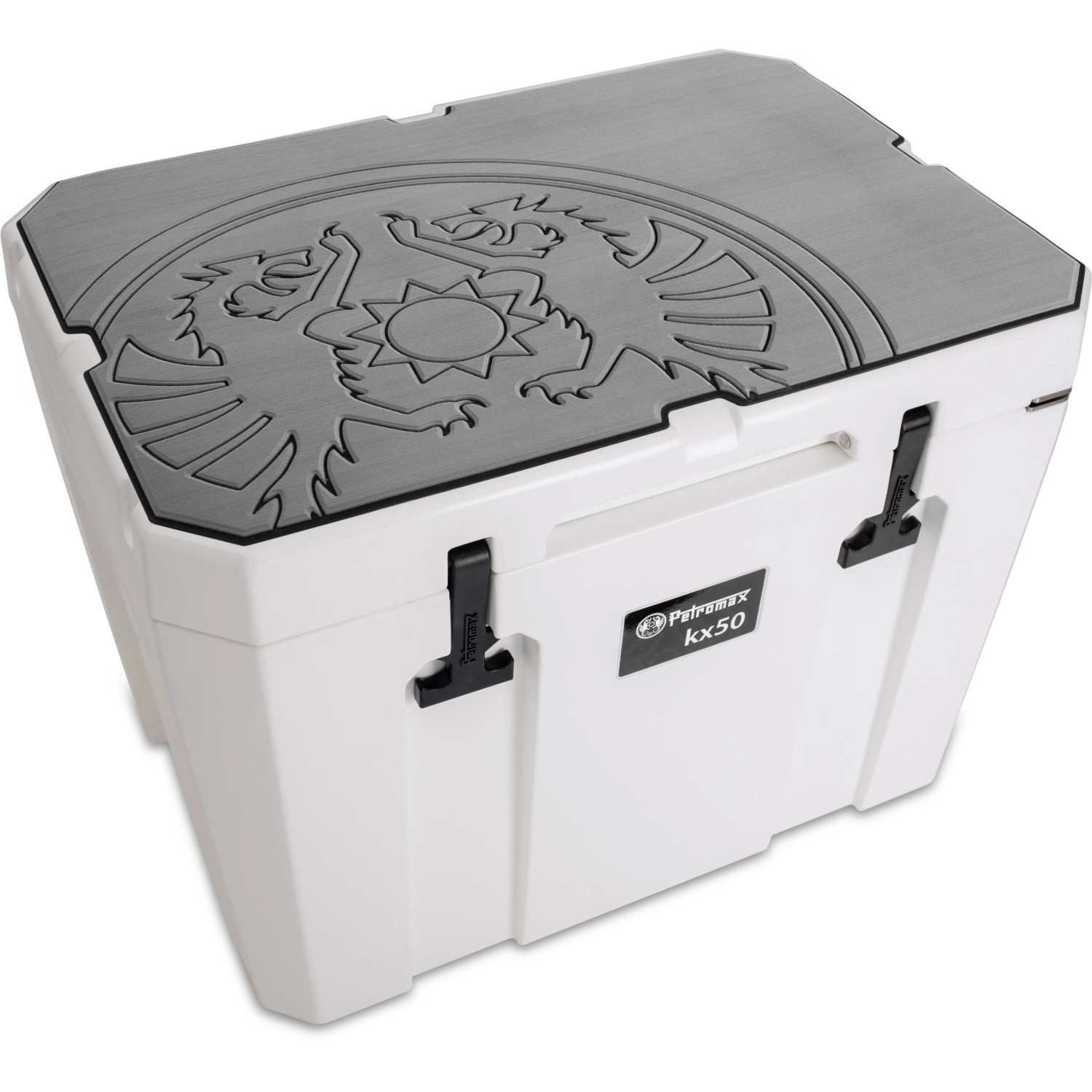 Petromax Haftauflage grau mit Drachenemblem für Kühlbox 50l. Rutschfeste Oberfläche mit Drachen-Motiv.