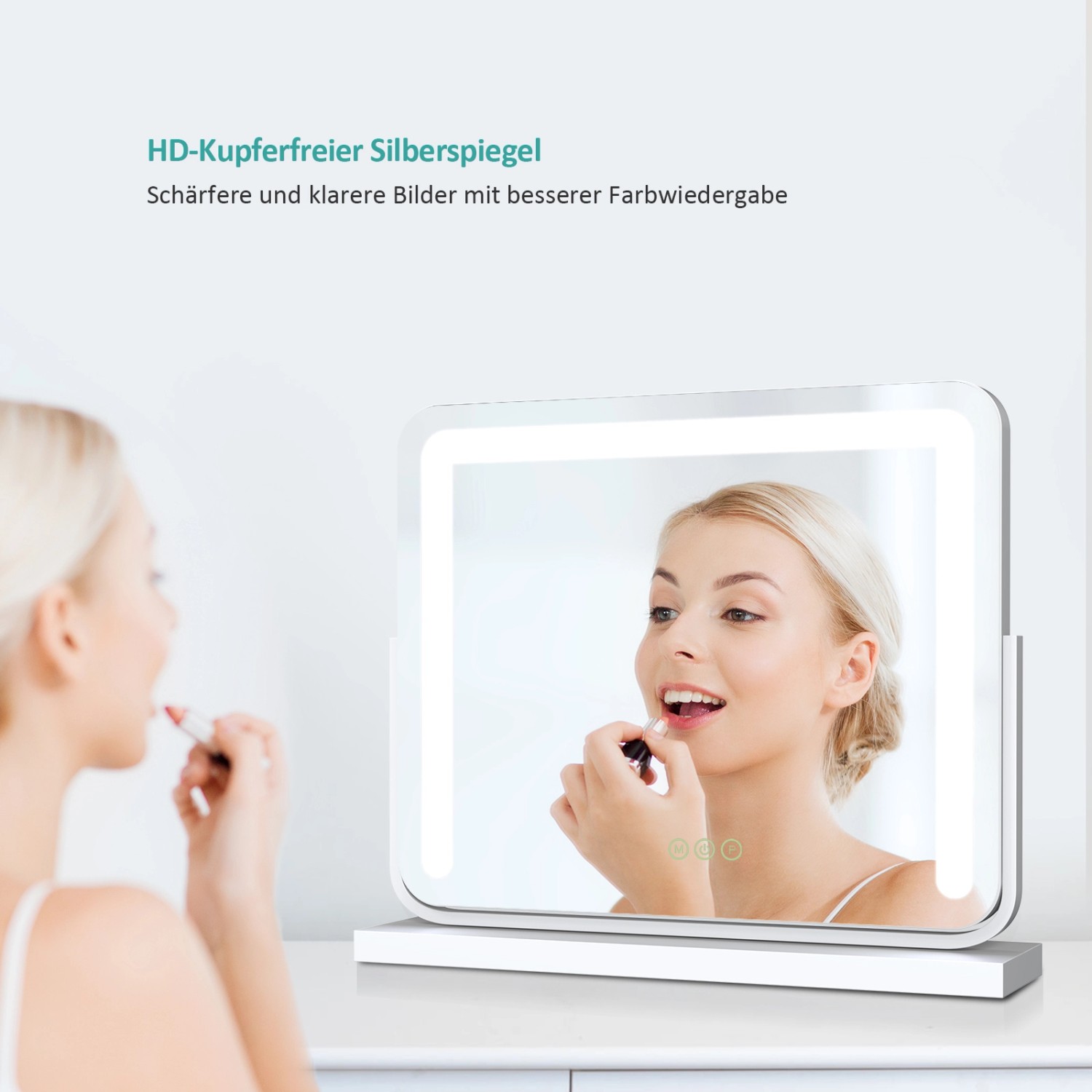 Emke Kosmetikspiegel mit LED-Beleuchtung, 3 Farbtemperaturen, dimmbar, 60x51 cm. Frau beim Schminken.