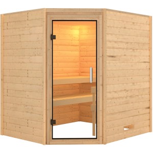 Karibu Sauna Mia Natur, Massivholzsauna mit Ganzglastür und Bänken aus Espenholz.