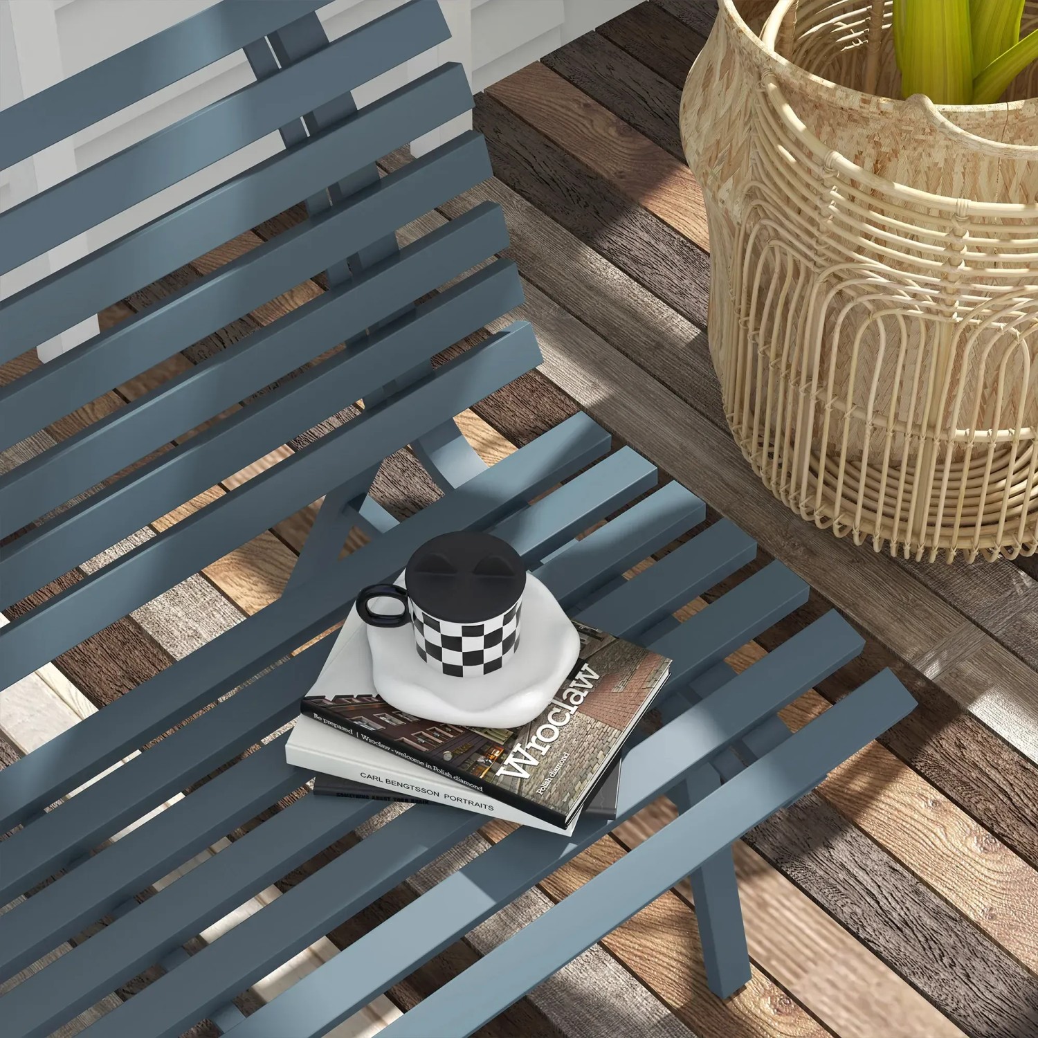 Blaue Outsunny Gartenbank aus Aluminium mit Tasse und Buch auf der Sitzfläche.