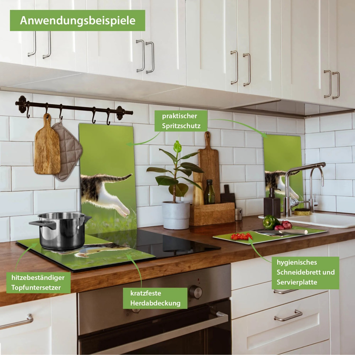 Banjado 2-teilige Glas Herdabdeckung (je 30x52cm) mit Katzenmotiv als Schneidebrett und Spritzschutz.