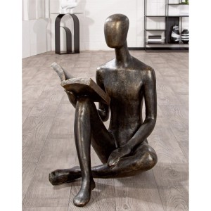 Gilde Skulptur Reading, bronzefarbene Kunstharzfigur lesender Person, antikfinish, 80 cm, für Garten & Flur.