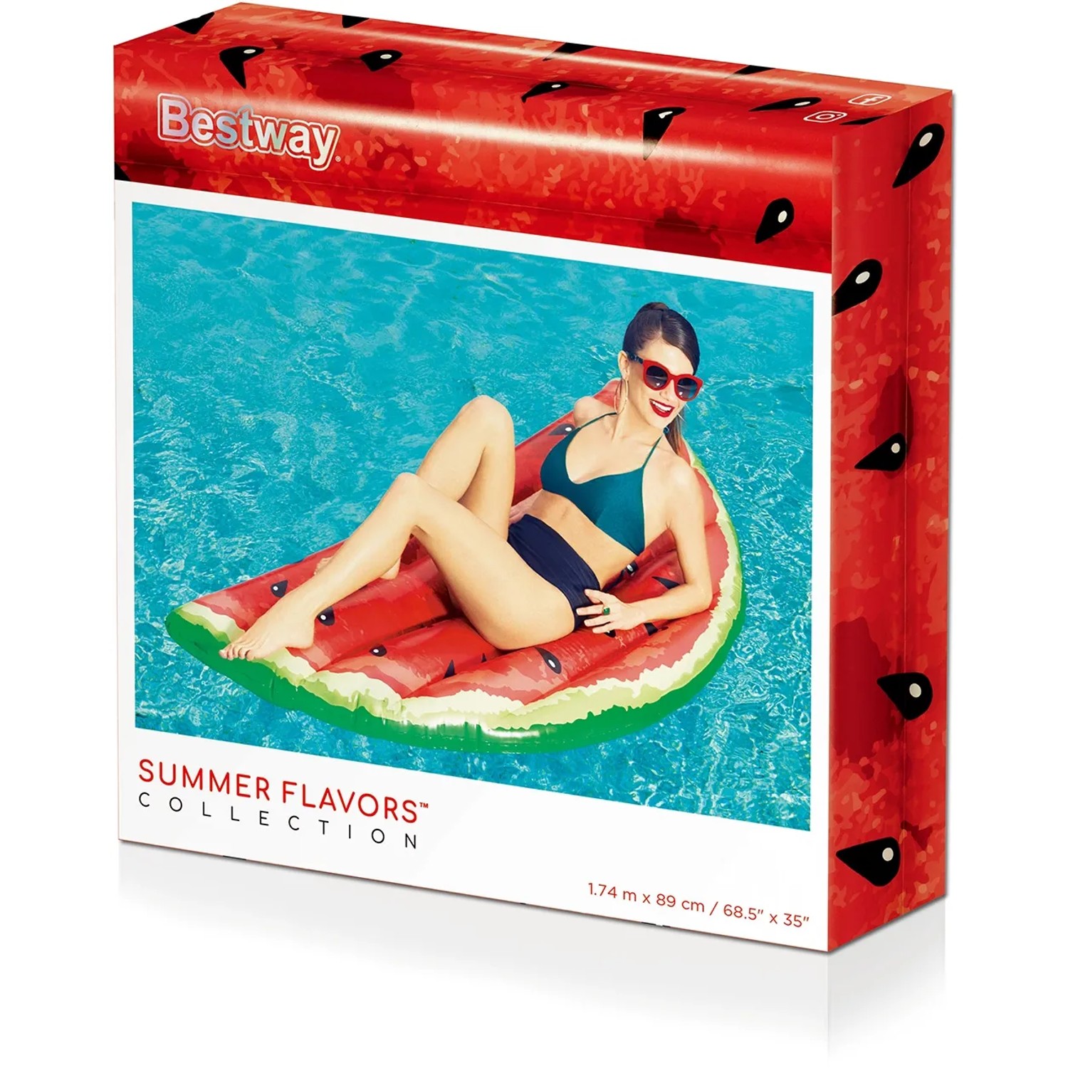 Verpackung der Bestway Luftmatratze Wassermelone (174x89cm) mit Frau auf der Luftmatratze im Pool.
