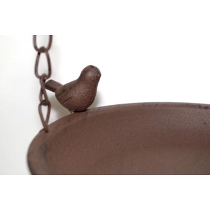 Kobolo Vogeltränke aus Metall in Rostbraun mit Vogel-Figur zum Aufhängen.