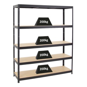 Schwarzes PROREGAL Schwerlastregal Giant Elephant mit 5 Böden und Gewichten.