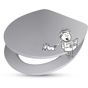 Grauer WC-Sitz Tonda von baliv mit Absenkautomatik und Holzkern, mit Comic-Motiv.