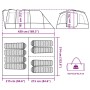 Diagramm des grünen vidaXL Tunnel-Familienzeltes für 8 Personen. Maße, Innenraum für 8 Schlafplätze und Packmaß für Camping.