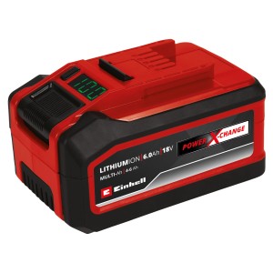 Einhell Power X-Change Akku 18V 4-6 Ah Multi-Ah PXC Plus, rot/schwarz, mit digitaler Ladezustandsanzeige.