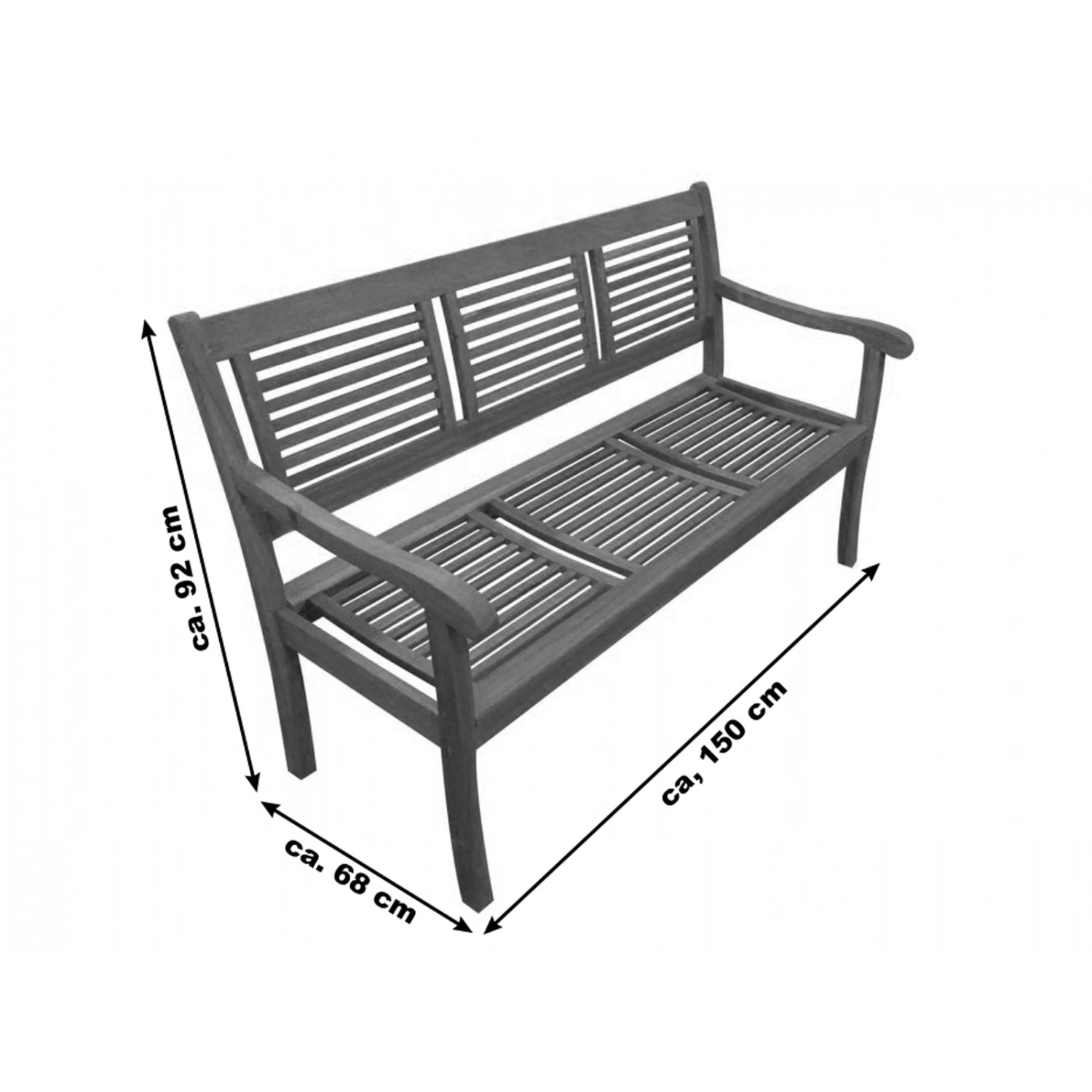 Gartenbank aus Akazie, 150 cm breit, 3-Sitzer Bank CORUNA mit Arm- und Rückenlehne.