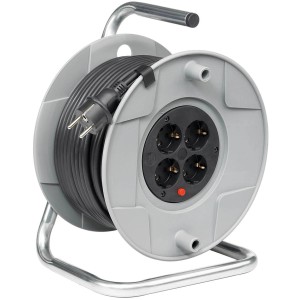 Grau-schwarze Kabeltrommel mit 25 m Kabel, 4 Steckdosen und Überhitzungsschutz.