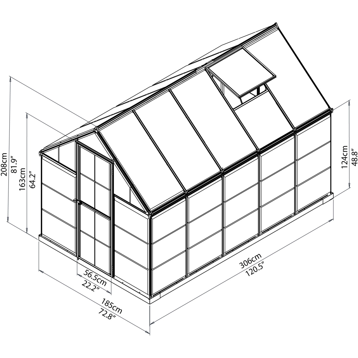 Technische Zeichnung: Palram Canopia Hybrid Gewächshaus 3.1 x 1.9 m mit Maßen und Schwerlastregal.