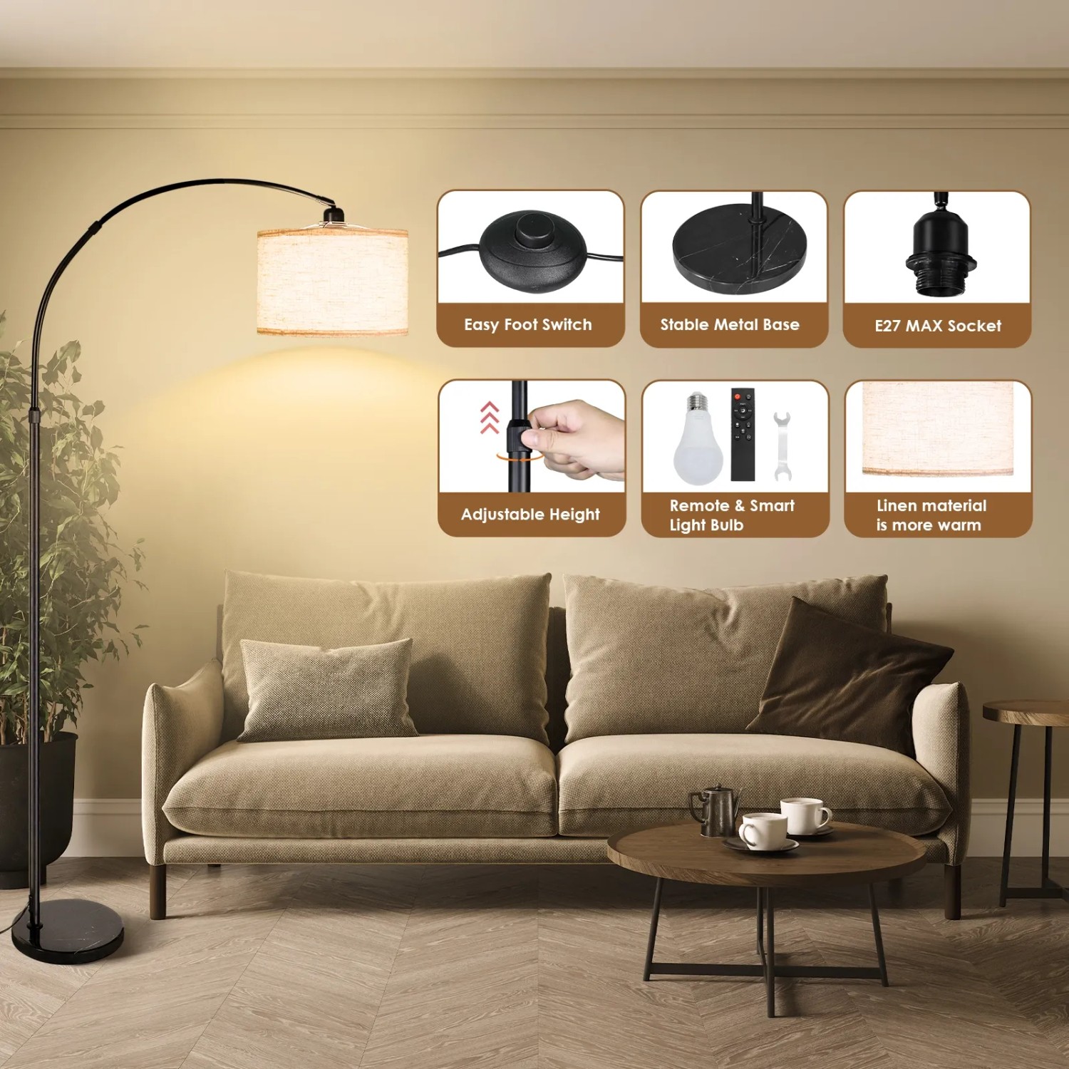 Beige CCLIFE Bogenlampe, höhenverstellbar, mit E27 Fassung und Marmorsockel. Ideal als Stehlampe.